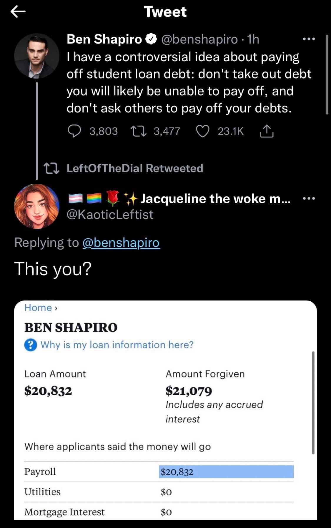 This meme is a screenshot of a Twitter post from Ben Shapiro, where he sarcastically responds to a tweet that says "I just paid off my student loans" with a tweet that says "I have a great idea for a business: we can offer to pay off people's student loans for them, and then charge them an even higher interest rate!"